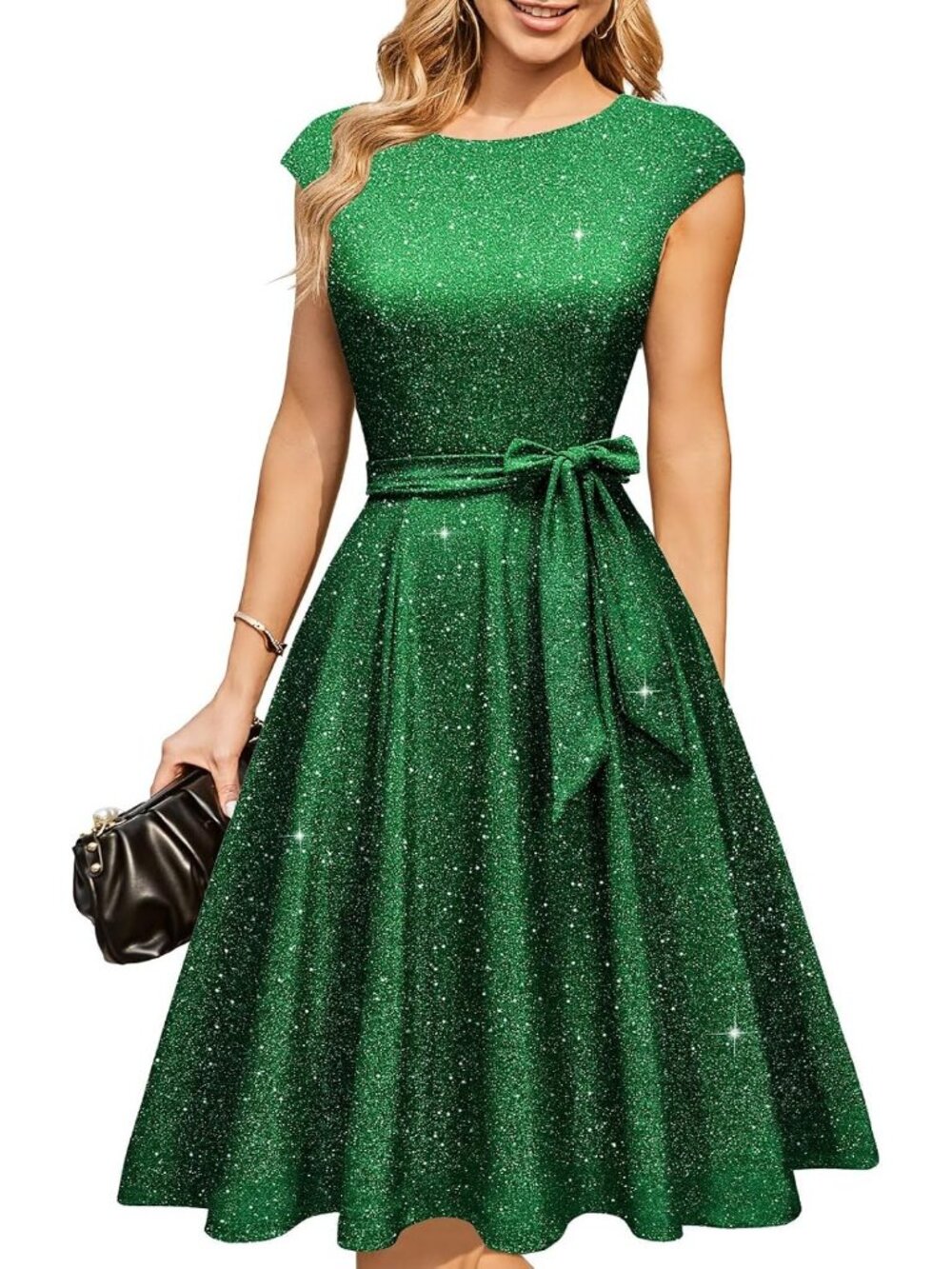 Women's Glitter Green Crew  Neck Casual Cap Sleeve Pull On Zipper Midi Dresses
